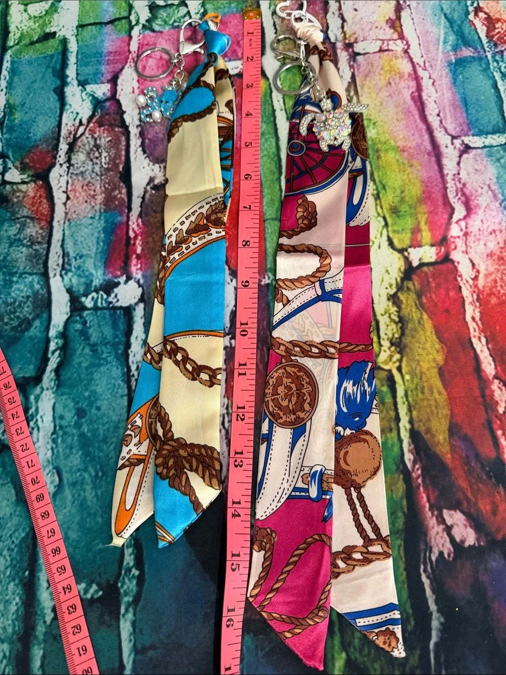 Silk-Inspired Blue & Pink Scarf Keychain Set - Decorative Rope Print